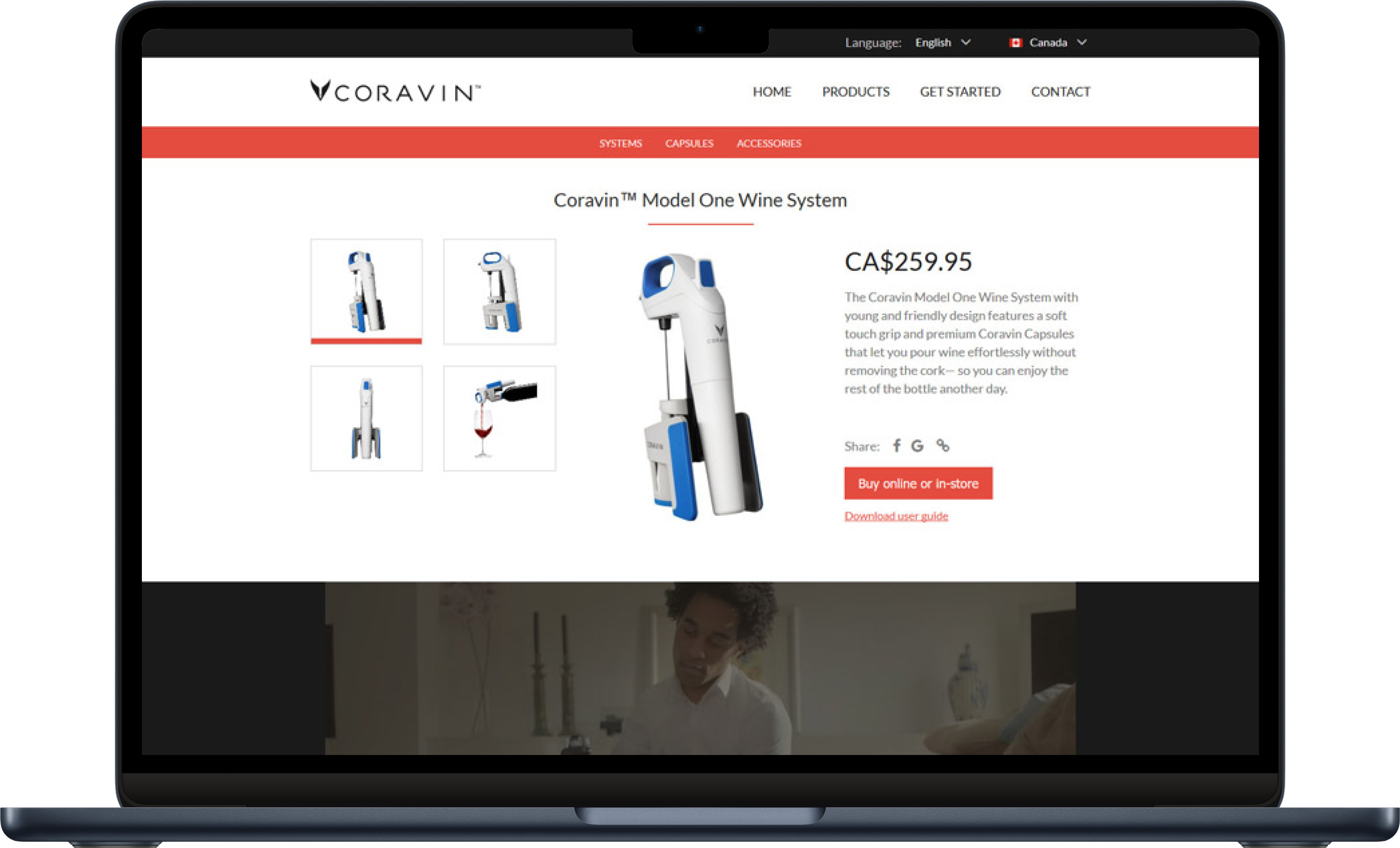 The Coravin product site on a laptop