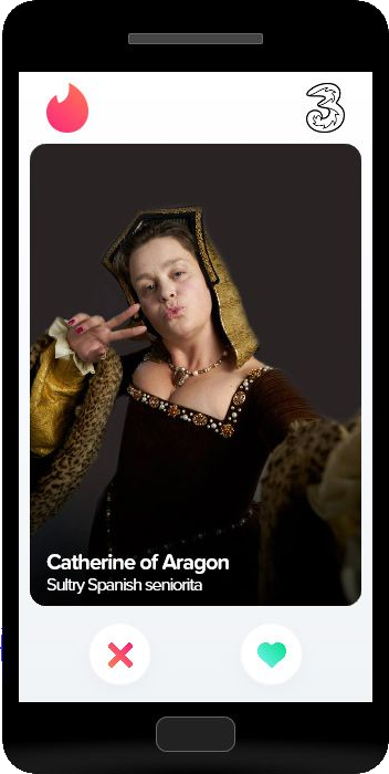 The Swipe is Right game on a phone: a Tudor wife's Tinder-style profile card